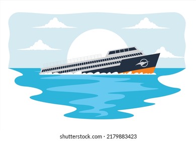 Ship Accident. Shipwreck Of Cargo Ship. Vessel Sinking In Ocean. Cruise Accident Vector Illustration