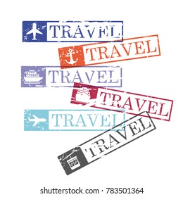 ship and airplane and cableway travel rectangular stamps in colorful silhouette