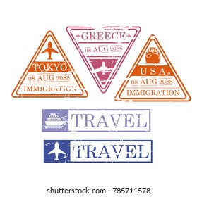 ship and airplane travel stamps in triangular and rectangular shape of tokio greece and usa in colorful silhouette