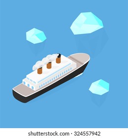 Ship among Icebergs. 3D isometric illustration