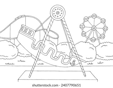 Ship in amusement park landscape graphic black white sketch illustration vector