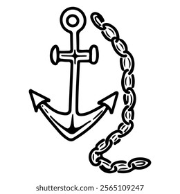 Ship anchor with chain hand drawn doodle. Object for holding a boat in place. Equipment for sailing in the sea, ocean. Fishing transport. Vector line art illustration.