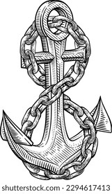 A ship anchor and chain nautical illustration in a vintage woodcut drawing style 