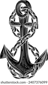 A ship anchor and chain nautical illustration in a vintage woodcut drawing style 
