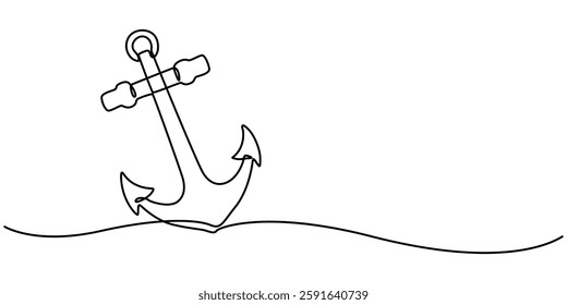 Ship anchor continuous line drawing and minimalist style isolate outline vector icon, Continuous line drawing of sea anchor, Large sea anchor of the ship. Set of sea ocean elements. pro concept style.