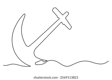 The Ship Anchor is drawn continuously in one-line and has a minimalist vector illustration with an outline.