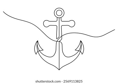 The Ship Anchor is drawn continuously in one-line and has a minimalist vector illustration with an outline.