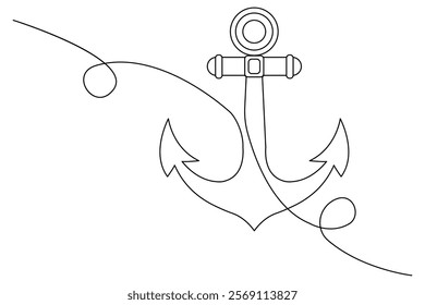 The Ship Anchor is drawn continuously in one-line and has a minimalist vector illustration with an outline.