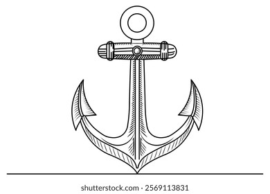 The Ship Anchor is drawn continuously in one-line and has a minimalist vector illustration with an outline.