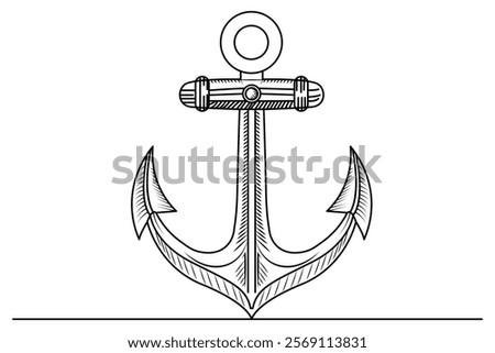 The Ship Anchor is drawn continuously in one-line and has a minimalist vector illustration with an outline.