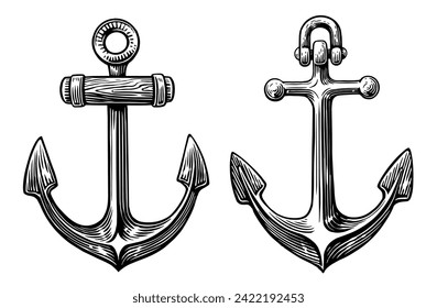 Ship anchor in engraving style. Hand drawn sketch vintage vector illustration