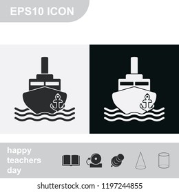 Ship with anchor flat black and white vector icon.