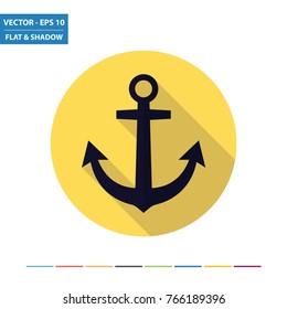 Ship anchor flat icon with long shadow. Vector Illustration.