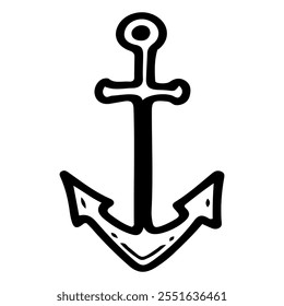 Ship anchor hand drawn doodle. Object for holding a boat in place. Equipment for sailing in the sea, ocean. Fishing transport. Vector line art illustration.