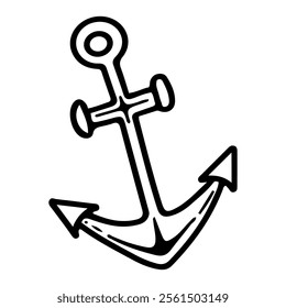 Ship anchor hand drawn doodle. Object for holding a boat in place. Ocean sailing. Sea voyage. Adventure. Fishing transport. Vector line art illustration.