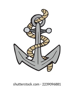 Ship anchor heavy and strong symbol with rope hand drawn colored outline illustration. Metal sea boats security object for safe dock parking retro silhouette pen drawing logo. Iron and metal equipment