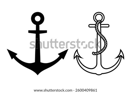 Ship Anchor Icon Set Nautical Silhouette and Outline Vector Illustration.