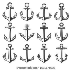 Ship anchor icons, marine adventure and sailor nautical symbols. Vector heraldic anchors isolated on white