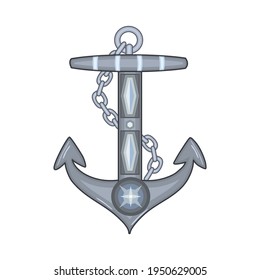 Ship anchor isolated on white background. Nautical symbol icon. Marine retro decorative item. Antique cartoon anchor with chain. Vessel mooring device or heavy ship attribute.Stock vector illustration