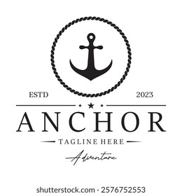 ship anchor logo design with rope, for, boat, marine, yacht, business, emblem, nautica, shipping company