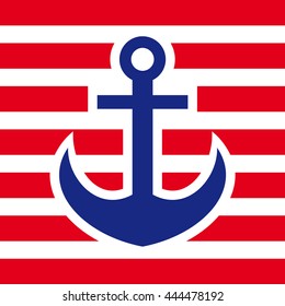 Ship anchor logo isolated on striped background. Vector illustration on the marine theme.