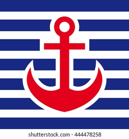 Ship anchor logo isolated on striped background. Vector illustration on the marine theme.