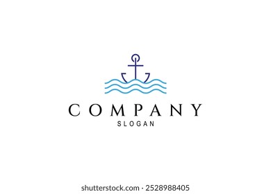 ship anchor logo with waves in line art design style