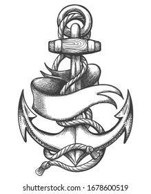 Ship Anchor With Marine Ropes And Blank Ribbon Old School Tattoo. Vector Illustration.