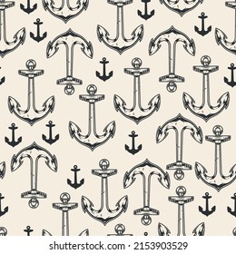 Ship anchor monochrome seamless pattern marine vessel elements anchors of various sizes NAVY or sea travel symbol vector illustration
