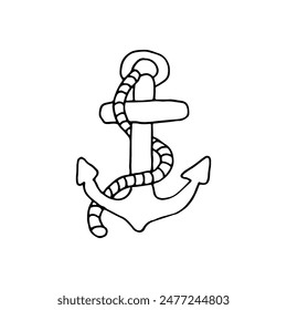 Ship anchor for mooring. Holding a ship with an anchor chain. Doodle. Vector illustration. Hand drawn.