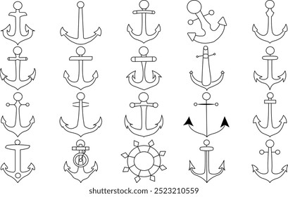 Ship Anchor, Nautical vector icon set for logo and t-shirt. Thin Line Editable stroke.