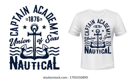 Ship anchor and ocean waves, vector navy blue t-shirt print template mockup. Captain academy and seafarer yacht club, union of seas, t-shirt apparel print with stars, waves and anchor