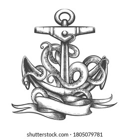 Ship anchor and octopus tentacles with ribbon Tatto in Engraving style. Vector illustration.