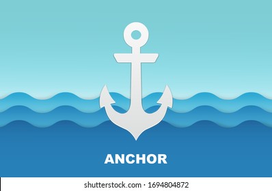 Ship anchor on the blue wave. paper cut and craft style. vector, illustration.