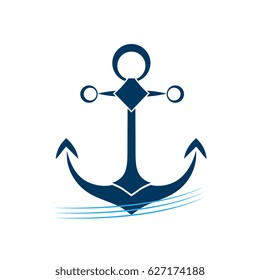 Ship anchor on blue waves vector icon