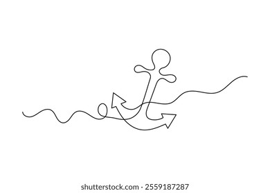 Ship anchor one line drawing of minimalist vector icon with black and white background