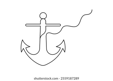 Ship anchor one line drawing of minimalist vector icon with black and white background