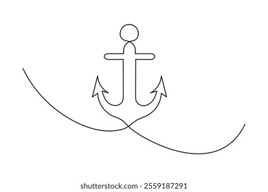 Ship anchor one line drawing of minimalist vector icon with black and white background