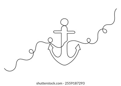 Ship anchor one line drawing of minimalist vector icon with black and white background