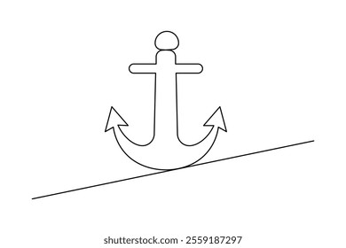 Ship anchor one line drawing of minimalist vector icon with black and white background