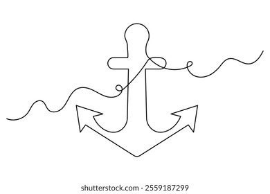 Ship anchor one line drawing of minimalist vector icon with black and white background