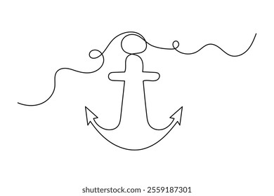 Ship anchor one line drawing of minimalist vector icon with black and white background