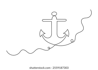 Ship anchor one line drawing of minimalist vector icon with black and white background