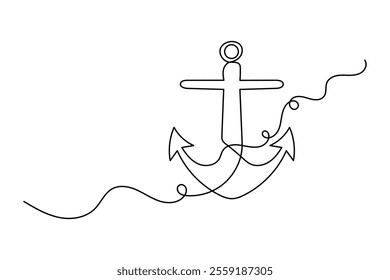 Ship anchor one line drawing of minimalist vector icon with black and white background