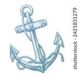 Ship anchor and rope. Hand drawn sketch vintage vector illustration