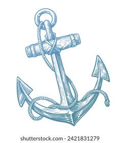 Ship anchor and rope. Hand drawn sketch vintage vector illustration svg