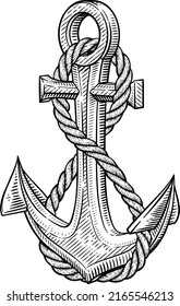 A ship anchor and rope nautical illustration in a vintage woodcut drawing style 