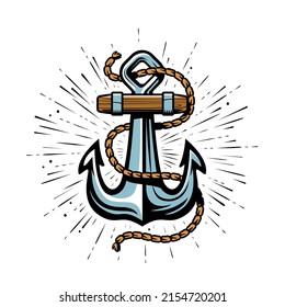 Ship anchor with rope symbol. Marine concept, seafaring emblem. Vector illustration