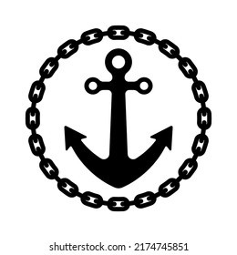 Ship anchor and round chain icon. Black silhouette. Front view. Vector simple flat graphic illustration. Isolated object on a white background. Isolate.