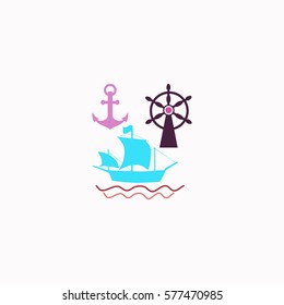 Ship, Anchor and Rudder  icon Vector design. Colored illustration.